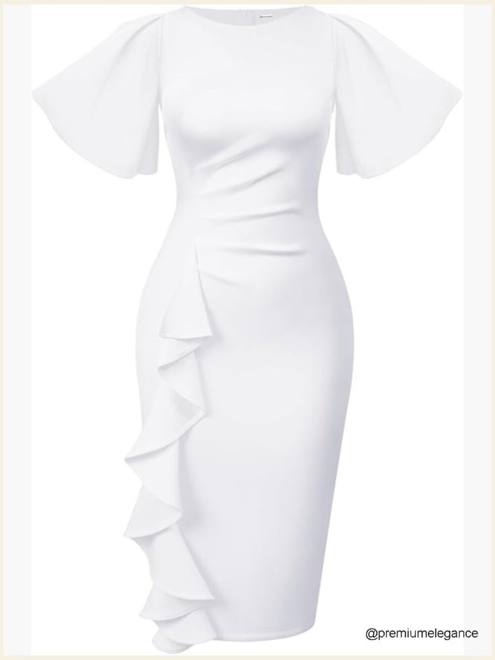 Ruffle Sleeve Ruched Bodycon Midi Dress Work Formal Polyester Stretch